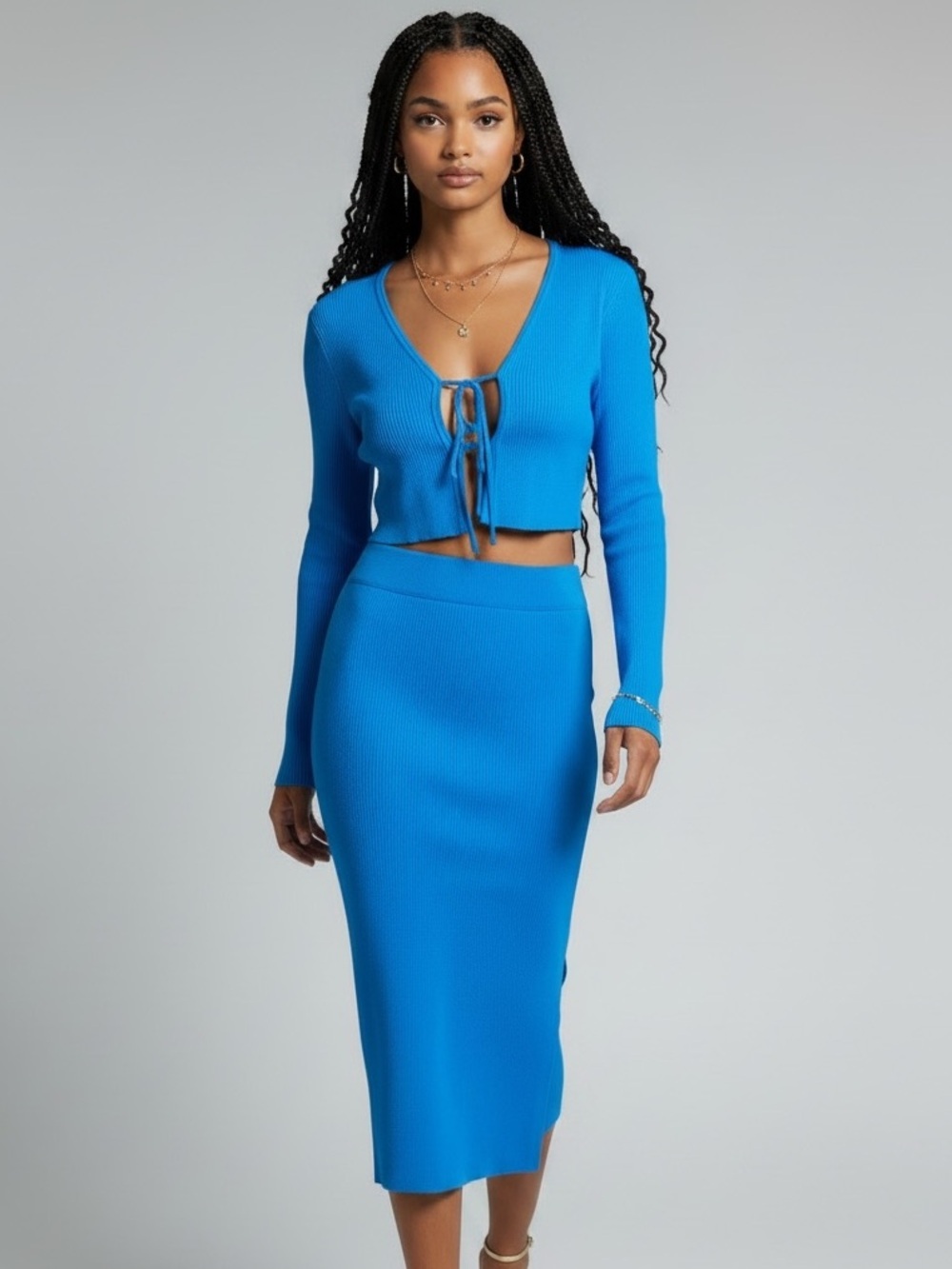 7 for All Mankind NWT Blue HOT! 2 Piece Skirt and Cardigan Knit Bodycon Set SZ M